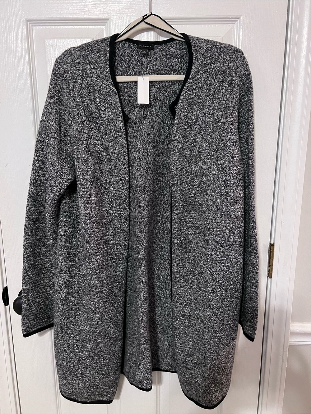 Talbots NWT Long Open Front Marled Knit Cardigan Sweater Gray Black Large